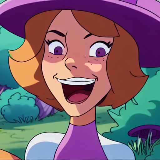 Perfectly-centered portrait-photograph of emma stone laughing at a purple mushroom near a cottage in a forest, dwspop style